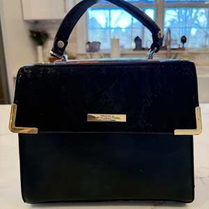 Dune London Black Structured Satchel with Faux Snakeskin Flap and Gold Hardware